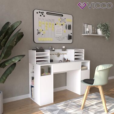 Стіл для рукоділля Vicco - письмовий стіл, білий, 126,8 x 50 см XL з полицями білий 126,8x100x50 см