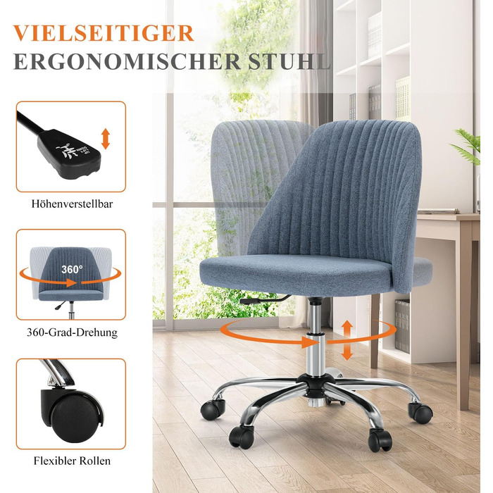 Офісний стілець Refined Living без підлокітників, комп'ютерний стілець на роликах, ергономічний, до 113 кг (Блакитний)