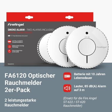 Датчик диму FireAngel FA6120-INT-T2 (2 шт.) з батареєю на 10 років, кнопкою тестування/вимкнення звуку, заміна ST-622/ST-620, білий.
