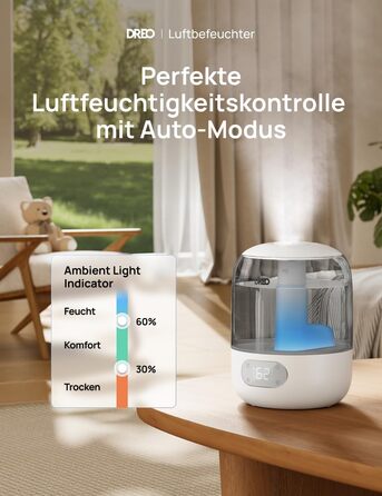 Зволожувач повітря Dreo для спальні, ультразвуковий холодний туман, 30 годин роботи, 3л резервуар, датчик вологості, нічник для дітей, кімнатних рослин та дому (Сірий)