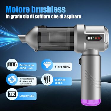 Акумуляторний ручний пилосмок 4 в 1, бездротовий портативний пилосос для авто та дому, 25000Па, з автоматичним очищенням та потужним всмоктуванням для шерсті тварин, сріблястий