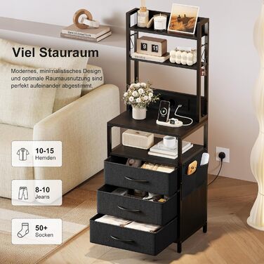 Нічний столик з підзарядкою та LED, приліжний столик з 3 висувними ящиками з тканини, нічник з полицею для книг, відкрите відділення, 2 розетки AC, 1 USB та 1 Type C роз'єми, для спальні, вітальні, офісу (Чорний) 40x30x60 см Чорний 1