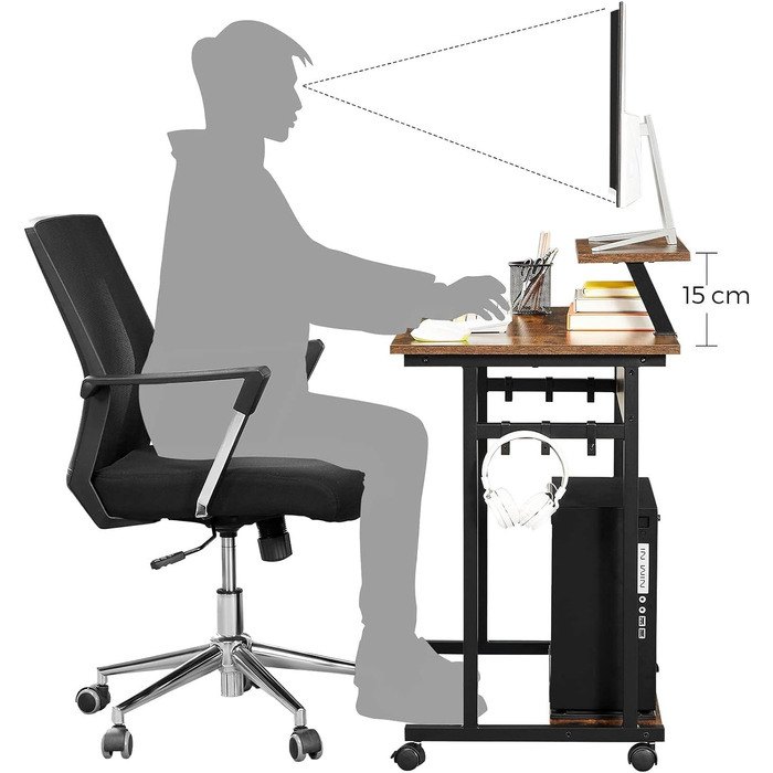 Комп'ютерний стіл VASAGLE з колесами, кріплення для монітора, 6 гачків, 80x50x90 см, промисловий дизайн, вінтаж коричневий-чорний