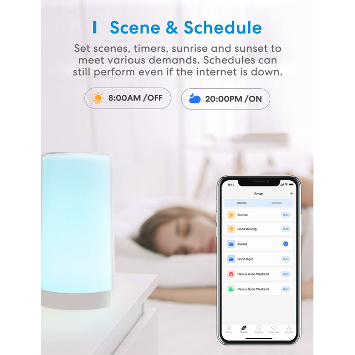 Приліжковий світлодіодний світильник Meross Wi-Fi, сумісний з Apple HomeKit, Alexa, Google, dimmable, RGBCW, Touch.