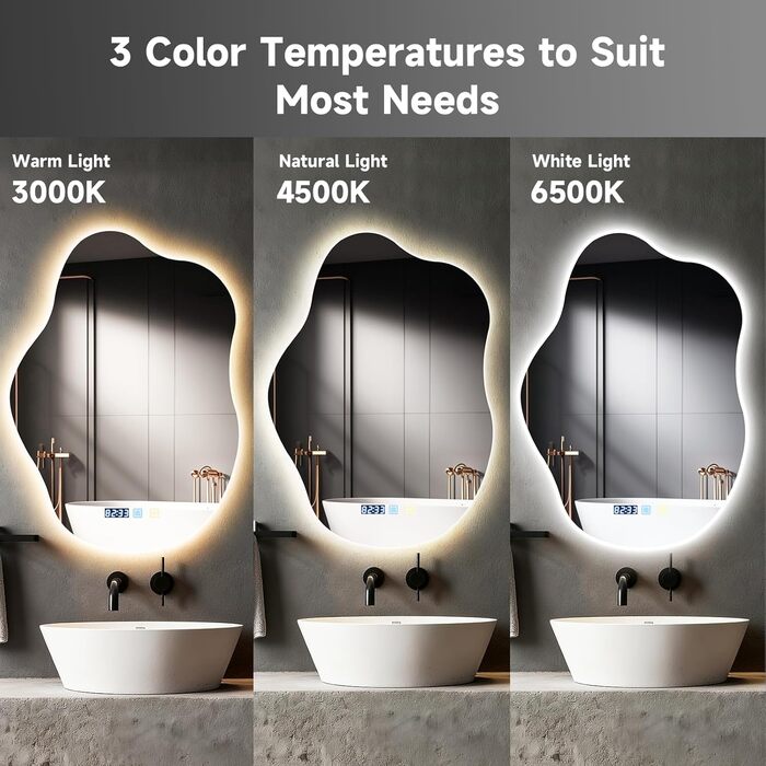 Дзеркало для ванної кімнати з підсвічуванням 50x70 см, з підігрівом, годинник, LED-підсвічування, сенсорна кнопка, функція пам'яті, 3 кольори світла, регулювання яскравості