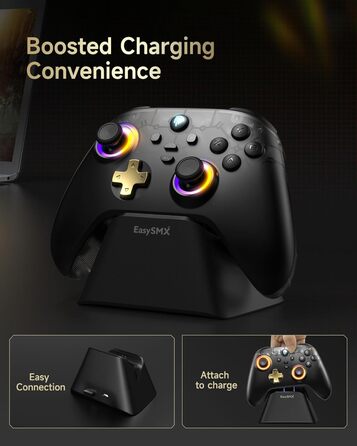 EasySMX D05 PC контролер з док-станцією: бездротовий геймпад з Хол-ефектом для ПК/Switch/Android, чорний та золотий