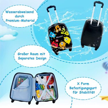 Дитяча валіза з рюкзаком, набір дитячих валіз 16 12, дитячий візок для дитячої ручної поклажі для дівчаток і хлопчиків, Дорожня валіза з жорстким корпусом (чорний), 2 шт.