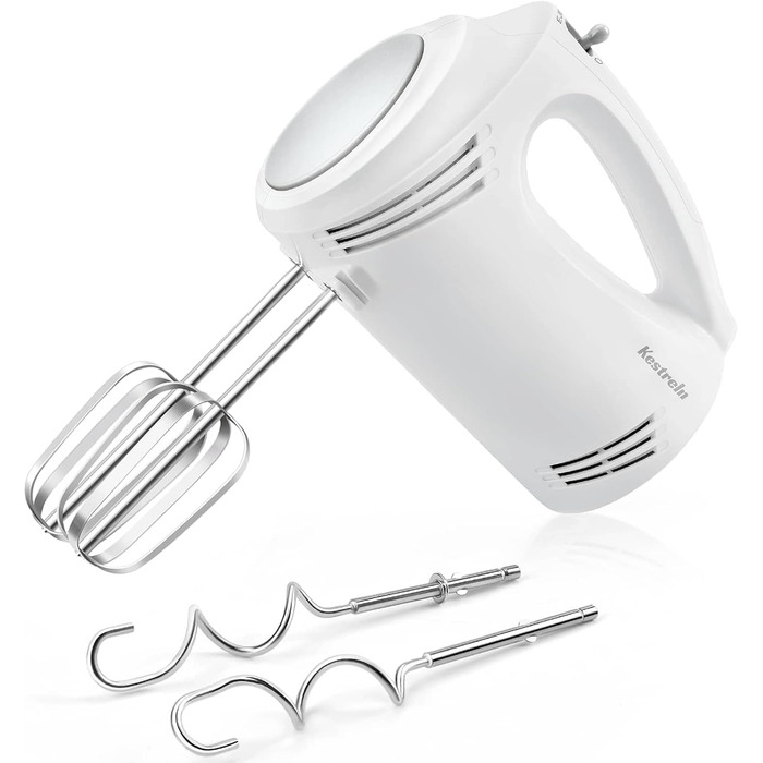 Електричний ручний міксер Kestreln з плоским дном для випічки, потужний міксер для тортів та густого тіста, з гаком для вимішування (S1 білий)