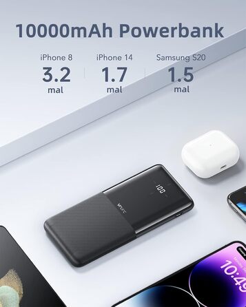 Комплект з 2 шт. , USB C, 2 порти USB, 2.4A, для смартфонів, iPhone, Samsung, чорний, 10000mAh