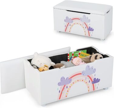 Дерев'яний ящик для іграшок DREAMADE з м'якою оббивкою, 75x36x38см, лавка для дітей, скриня для іграшок зі знімною кришкою, дитячий скринька, ящик для зберігання для дитячої кімнати (білий - веселка)