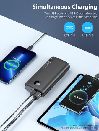 МАг, зовнішній акумулятор USB-C 22,5 Вт, 4 порти, LED-дисплей, сумісний зі смартфоном/планшетом, 27 000