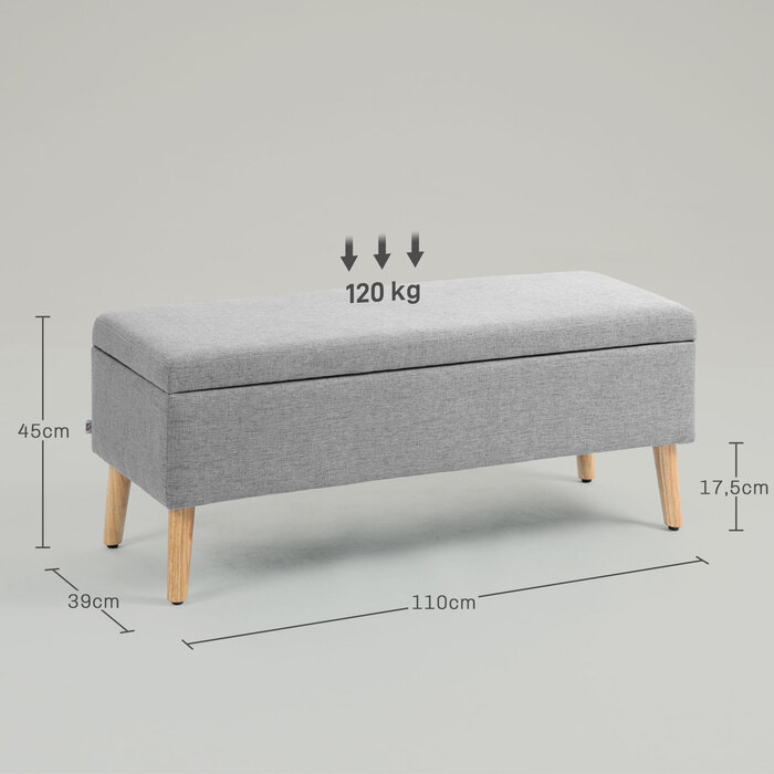 Лавка з м'якою оббивкою HOMCOM з місцем для зберігання 110 x 39 x 45 см у сірому кольорі з льоном Вигляд для передпокою Спальні Вітальні з гумового дерева