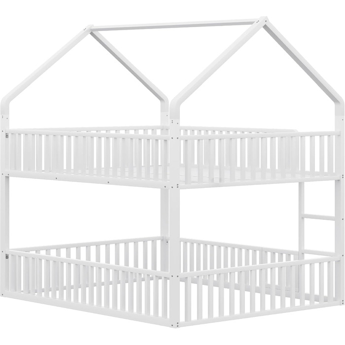 Двоярусне ліжко 140x200 для 2 дітей з лесенкою та бар'єром, металеве, з ламелями (біле)