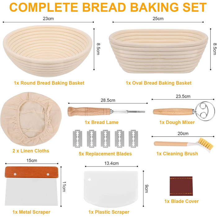 Набір для випікання хліба Gärkorb, повний комплект аксесуарів для випікання хліба (23см круглий & 25см овальний), скребок для тіста, льняний вкладиш, мішалка для тіста & лопатка для хліба. Набір для випікання хліба для початківців та професіоналів