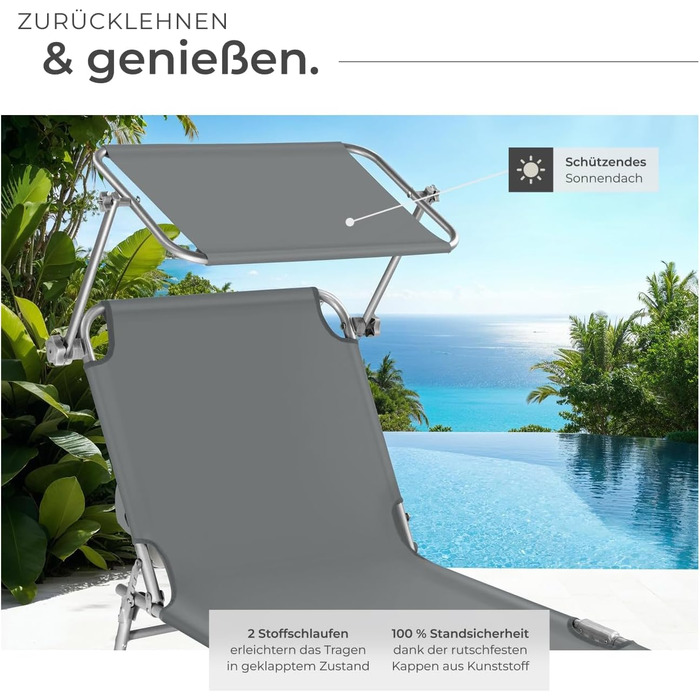 Шезлонг для саду Tectake з сонцезахистом, розкладний, для балкона/тераси, з регульованою спинкою, пляжний, до 110 кг - сірий