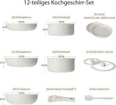 Набір посуду Sweetcrispy: 12 предметів (сковороди, каструлі) з антипригарним покриттям, для індукції та духовки, 20/26 см, 18/20 см, 26 см, знімні ручки, бежевий