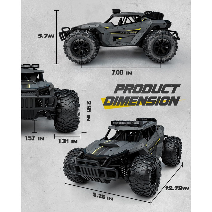 Радіокерований позашляховик Tecnock 1:16 з підсвічуванням, 2.4GHz RC Monstertruck, 2 акумулятори (60 хв роботи) - іграшка для дітей та дорослих, сірий
