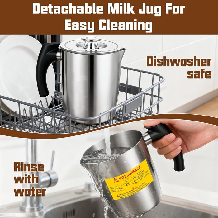 Електричний спінювач молока 5-в-1 з нержавіючої сталі, 500 мл, знімний контейнер, контроль температури, для гарячого та холодного молока, капучино, лате