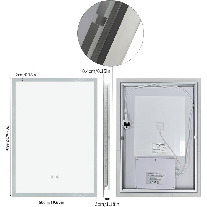 Дзеркало для ванної кімнати LUVODI з підсвічуванням 40x50 см: регульоване LED дзеркало з 3 кольорами світла, 2 сенсорні кнопки, запобігає запотіванню, водонепроникне, монтаж на стіну (70L x 50B см)