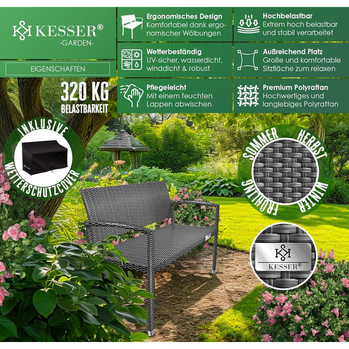 Садовий диван KESSER® з ротангу на 2 особи, вологостійкий, 125x62x90 см | Знімний чохол, ергономічні підлокітники, до 320 кг, антрацит