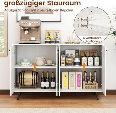 COSTWAY Комод-тумба з 4 дверцятами та 5 регульованими полицями, білий, 127,5 x 38 x 80 см. Підходить для вітальні, кухні, їдальні