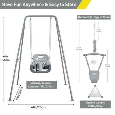 FUNLIO Набір гойдалок 2-в-1 та дитячий фітнес-арка для малюків, гойдалка для дітей з 4 мішками з піском, складаний металевий стійка для дому та вулиці, легко збирається та зберігається - Сірий