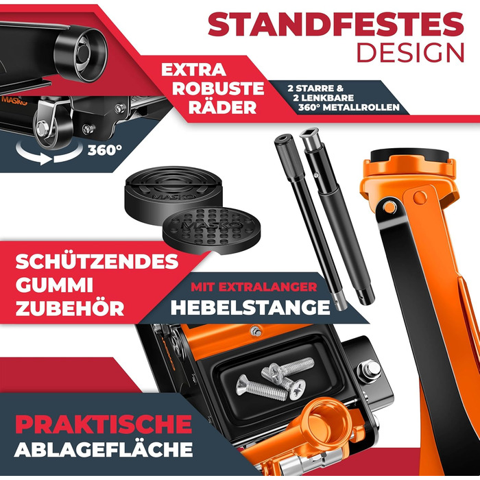 Гідравлічний домкрат MASKO 3T з низьким профілем (85-460 мм), 3 гумові накладки, для автомобілів SUV, 360° колеса, рукавички в комплекті. Підйомник-опора до 3 тонн (Помаранчевий)