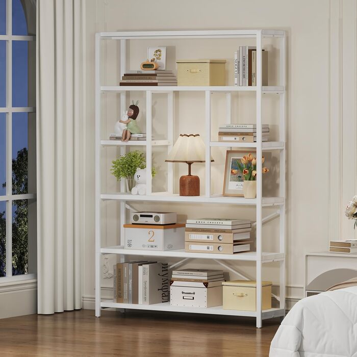 Стильна полиця-стелаж LVB з 6 полицями для вітальні, спальні, офісу. Дерево та метал, білий колір, 30 x 120 x 180 см