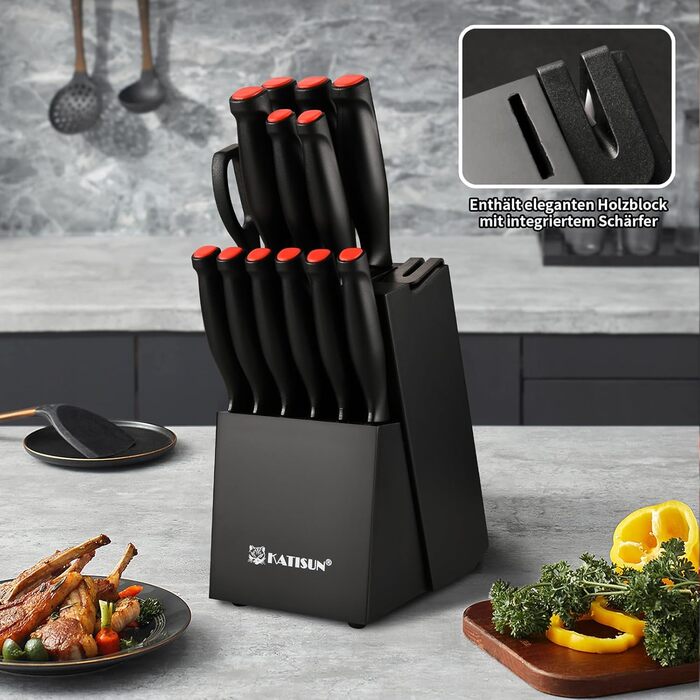 Набір кухонних ножів Katisun 16 шт. з підставкою, японська сталь, з заточувачем, дощечкою та ножицями. Кухонний набір для нарізання, шинкування та різання, стійкий до миття в посудомийній машині, титанове покриття