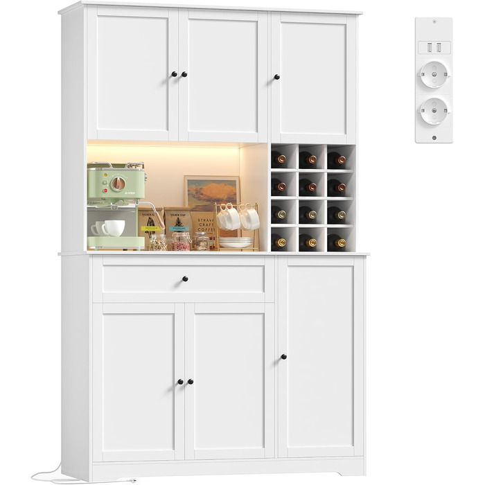 Кухонна шафа FirFurd 180 см з LED-підсвічуванням, буфет, sideboard з розеткою, стільниця, вітрина для 12 пляшок вина, білий колір, 180x100x39 см