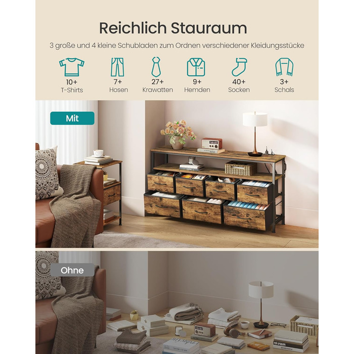 SONGMICS BELLAH: Комод, шафа, LED-підсвічування, тумба з зарядкою, індустріальний стиль, вінтажний коричневий + чорний, 7 ящиків, LGS723KD01