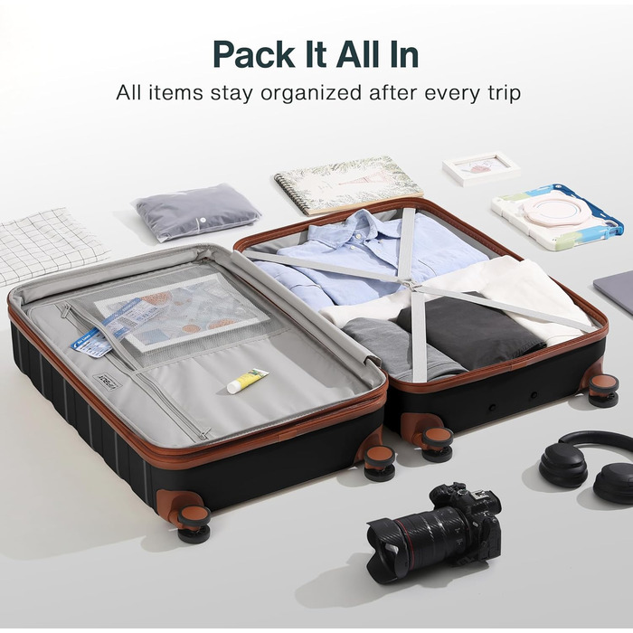 Набір дорожніх валіз Koffer Hartschale (20/24 дюйми), легкий полікарбонат PC, розширюваний ручний багаж та чемодан з колесами та TSA замком, чорний, преміум-якість