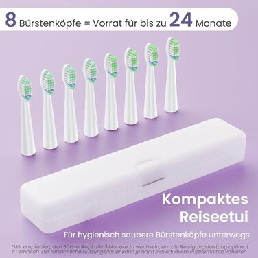 Електрична зубна щітка YUNCHI - звукова, для дорослих та дітей, 40000 VPM, USB-C, 5 режимів, 8 насадок + чохол, блакитна (C2 фіолетовий та білий)