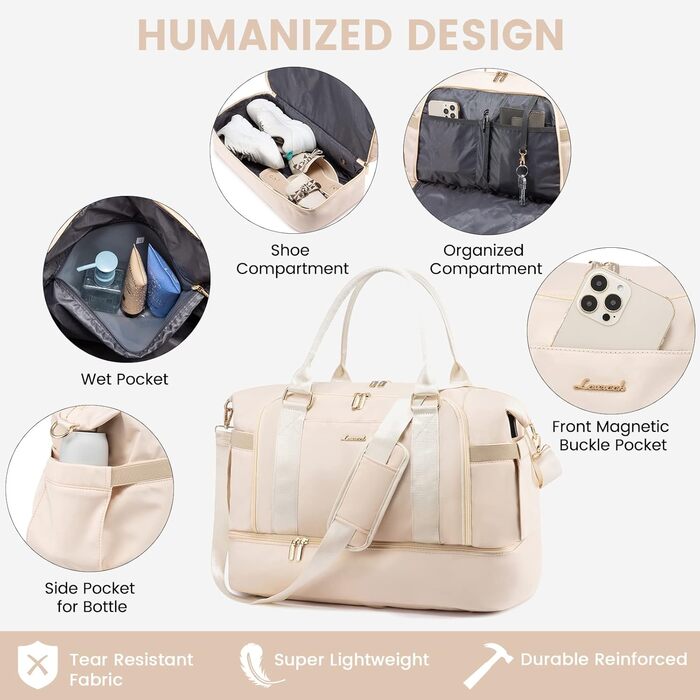 Спортивна сумка Lovevook для подорожей: жіноча дорожня сумка-шопер, сумка для вихідних з косметичкою, відділенням для взуття та мокрих речей, водонепроникна, 37л, бежева