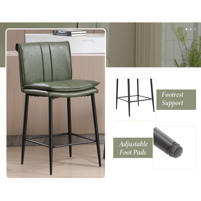 Набір з 2 барних стільців Chairus, зелені, з PU шкірою, для кухні та вітальні
