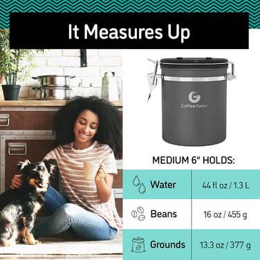 Контейнер для кави Coffee Gator з нержавіючої сталі (2 шт.) – для кавових зерен та меленої кави, з датою, CO2-вентилем та мірною ложкою (Сірий, Середній)