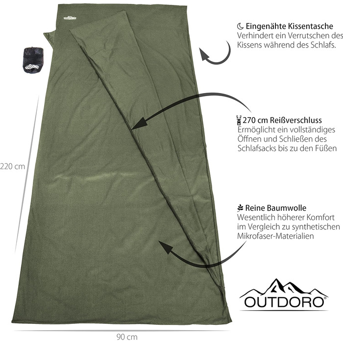 Спальний мішок Outdoro Cabin Sleeping Bag, надлегкий туристичний спальний мішок - всього 350 г з чистої бавовни з відділенням для подушки - тонкий і маленький - цокання, дорожнє простирадло зеленого кольору