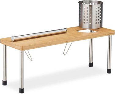 Кухонна полиця Relaxdays для стільниці, тримач для кухонних рулонів і кошик для столових приборів, стійка для спецій, бамбук і нержавіюча сталь, натуральна/срібло, 21 x 55 x 18 см