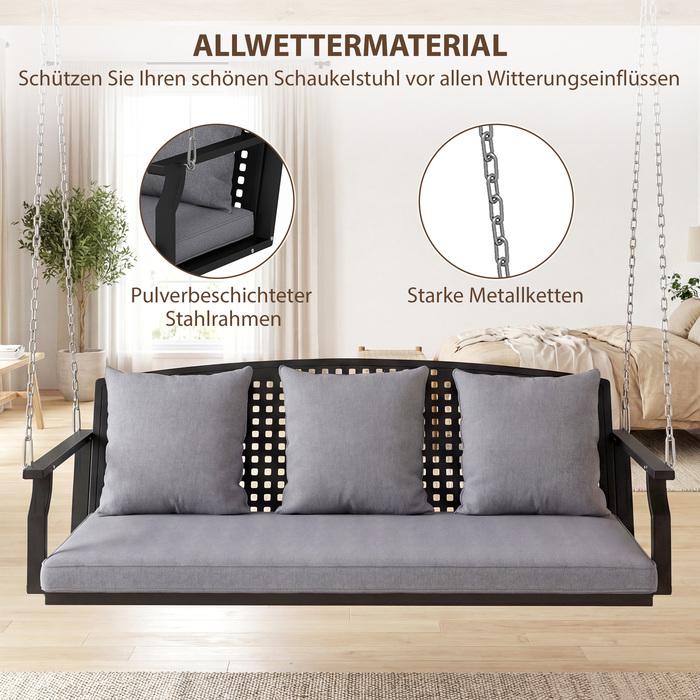 Гойдалка для веранди на 3 особи, садова гойдалка-лавка з 3 спинками, сидінням, кріпленням для підвішування, сірого кольору