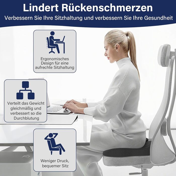 Ортопедична подушка для сидіння, ергономічна подушка для офісного крісла, подушка для куприка, комфортна подушка для стільця, зняття стресу, подушка для стільця, сидіння для автомобіля та офісу - чорна