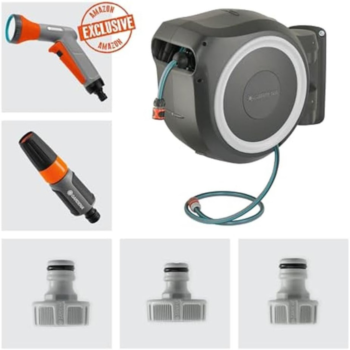 Шланг садовий Gardena RollUp M 20 м: гнучкий, з тримачем для стіни, з розпилювачем та шлангом 20 м (18612-20)