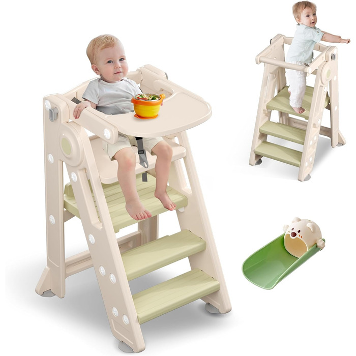 Зручний складаний навчальний столик-сходинка Hoopyosms для дітей, Montessori, регульована висота, для кухні, ванної кімнати та дитячої кімнати, мультифункціональний, від 1 року (зелений, 2-в-1)
