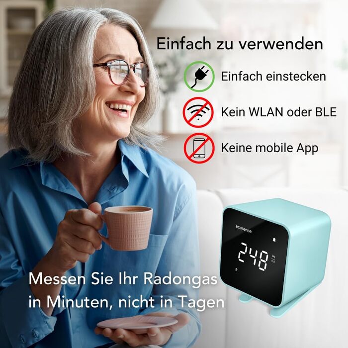 Виявлення радону Ecosense EB100 EcoBlu: моніторинг за 10 хвилин, простий у використанні, білий (блакитний)