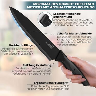 Набір ножів Homikit 15 предметів з підставкою: кухонні ножі з нержавіючої сталі, веточки, 6 ножів для стейків, чорний