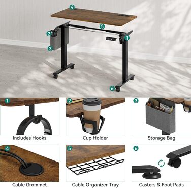 Електричний стіл з регулюванням висоти, 2 шт. USB, розетки, 120x60x(72-120) см, зрощувальна дошка, ручне управління з пам'яттю, сидячий/стоячий стіл, коліщатка на 360, вінтажний коричневий