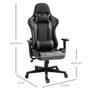 Крісло ігрове Vinsetto Ergonomic, поворотне, з екошкіри та піни, чорного кольору, розміром 67,5x74x126-136 см, для комфортної роботи та ігор.