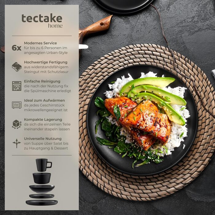 Набір посуду Tectake® 30 предметів: тарілки, миски, чашки, тарілки для їжі та сніданку, глибокі тарілки, миски. Чорний набір посуду з каменю, 6 осіб.