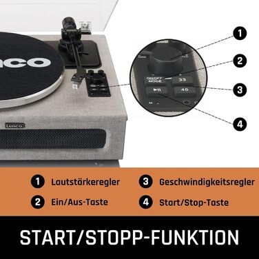 Програвач вінілу Lenco LS-430 Bluetooth з динаміками 40 Вт, ремінний привід, Pitch Control, вбудований передпідсилювач, RCA, AUX, сірий