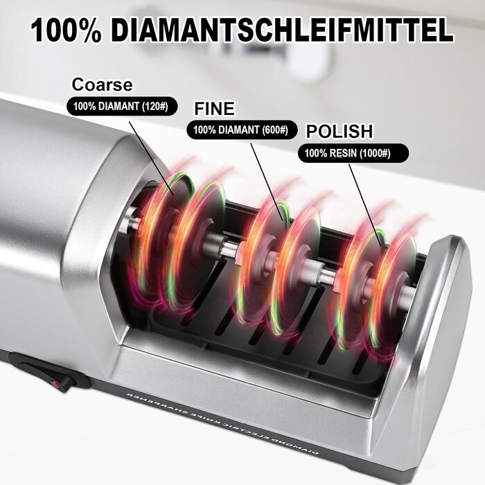 Електричний точило для ножів Herboom, 3-ступенева система з алмазним покриттям, для грубого шліфування, ремонту та заточування ножів