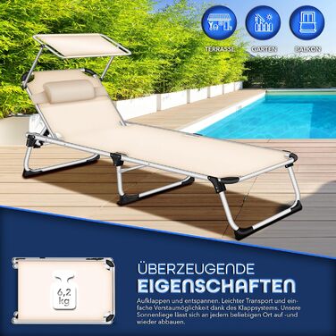 Сонячне ліжко Tillvex® з дахом та подушкою для голови | Садова лежанка, розкладний лежак | Пляжний лежак з регульованою спинкою | Алюмінієве ліжко (Basic, Бежевий)